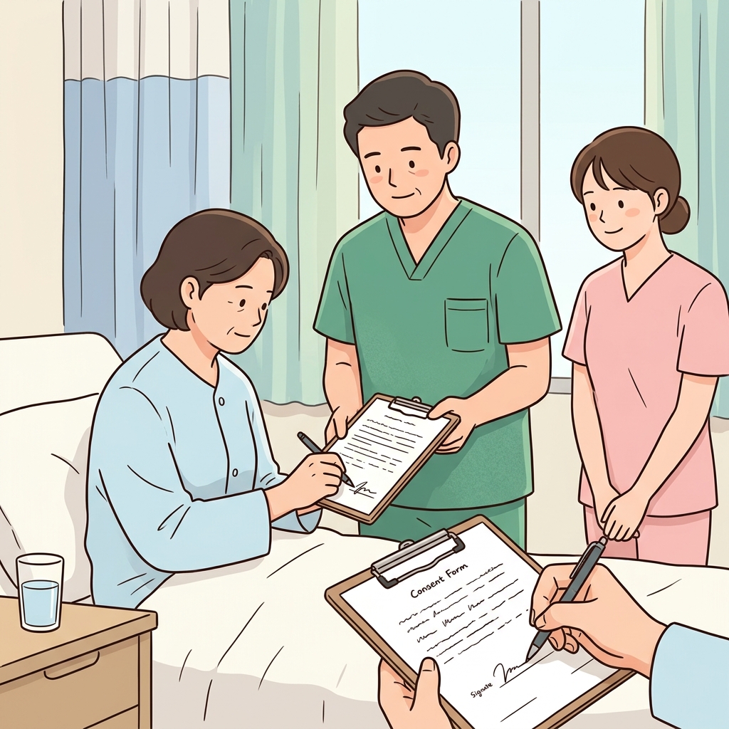 She signed the form to give her consent before the surgery began.