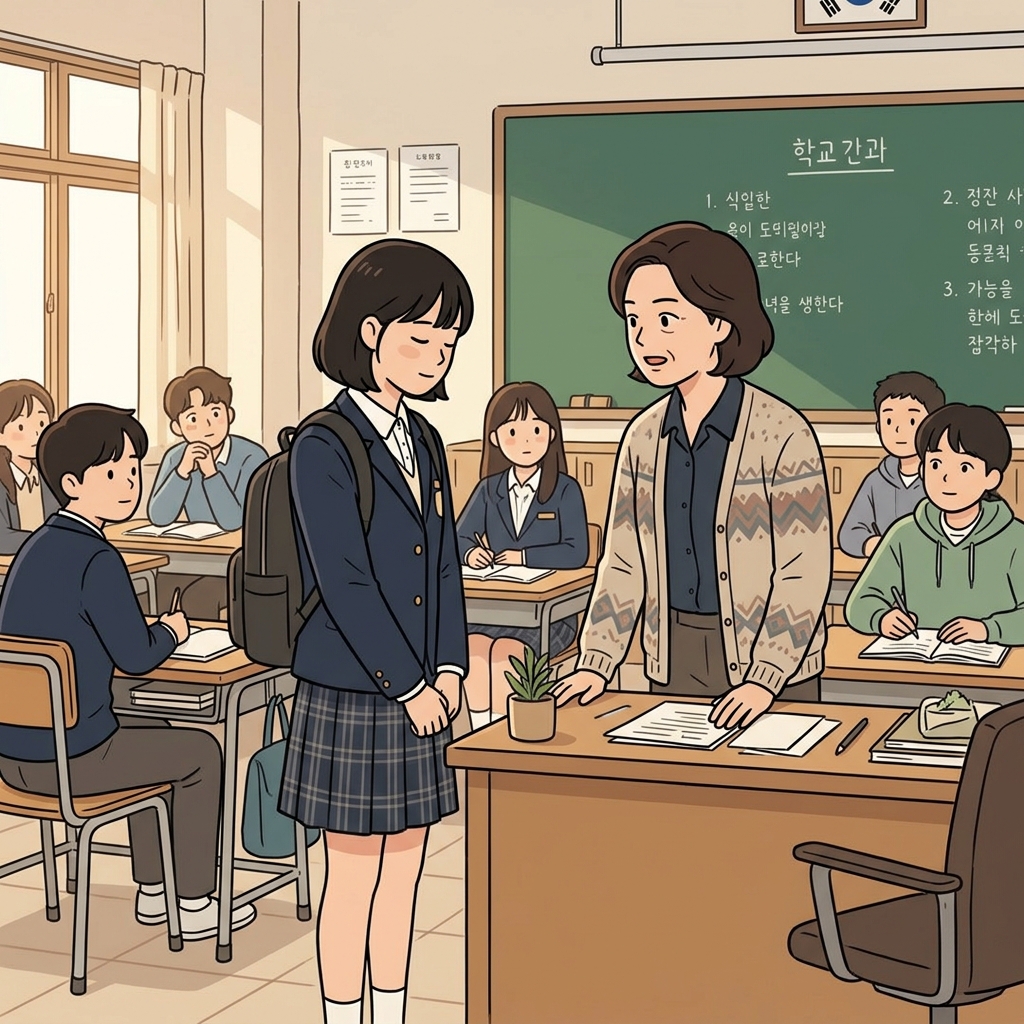 그녀는 교실 규칙을 어긴 결과를 담담히 받아들였다. ("큰 시퀀스!" → 큰 사건 다음에는 큰 결과가 이어진다)