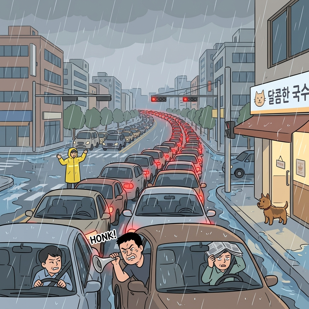 Heavy rain flooded the streets, and the consequent traffic jam stretched for miles.