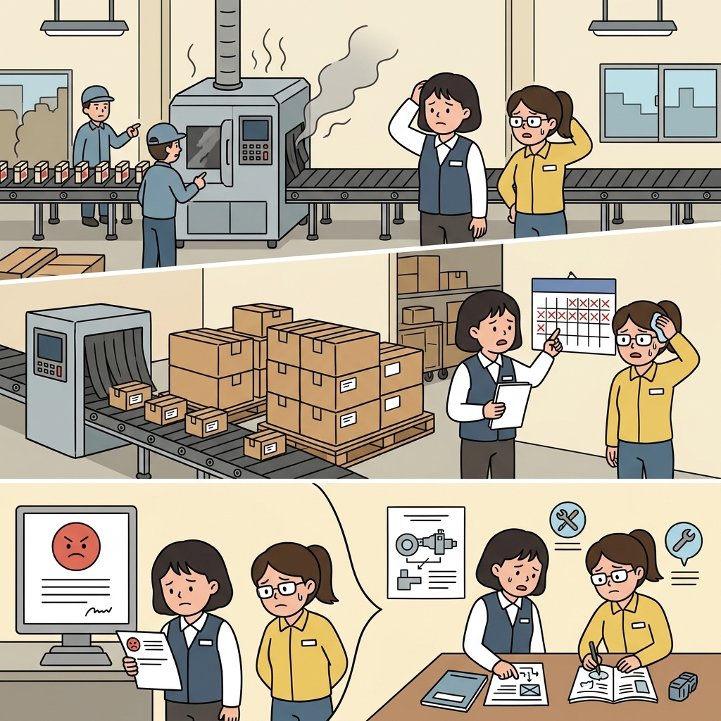 기계가 고장 났고, 그 결과 큰 피해와 막대한 손실이라는 결과를 낳았다.