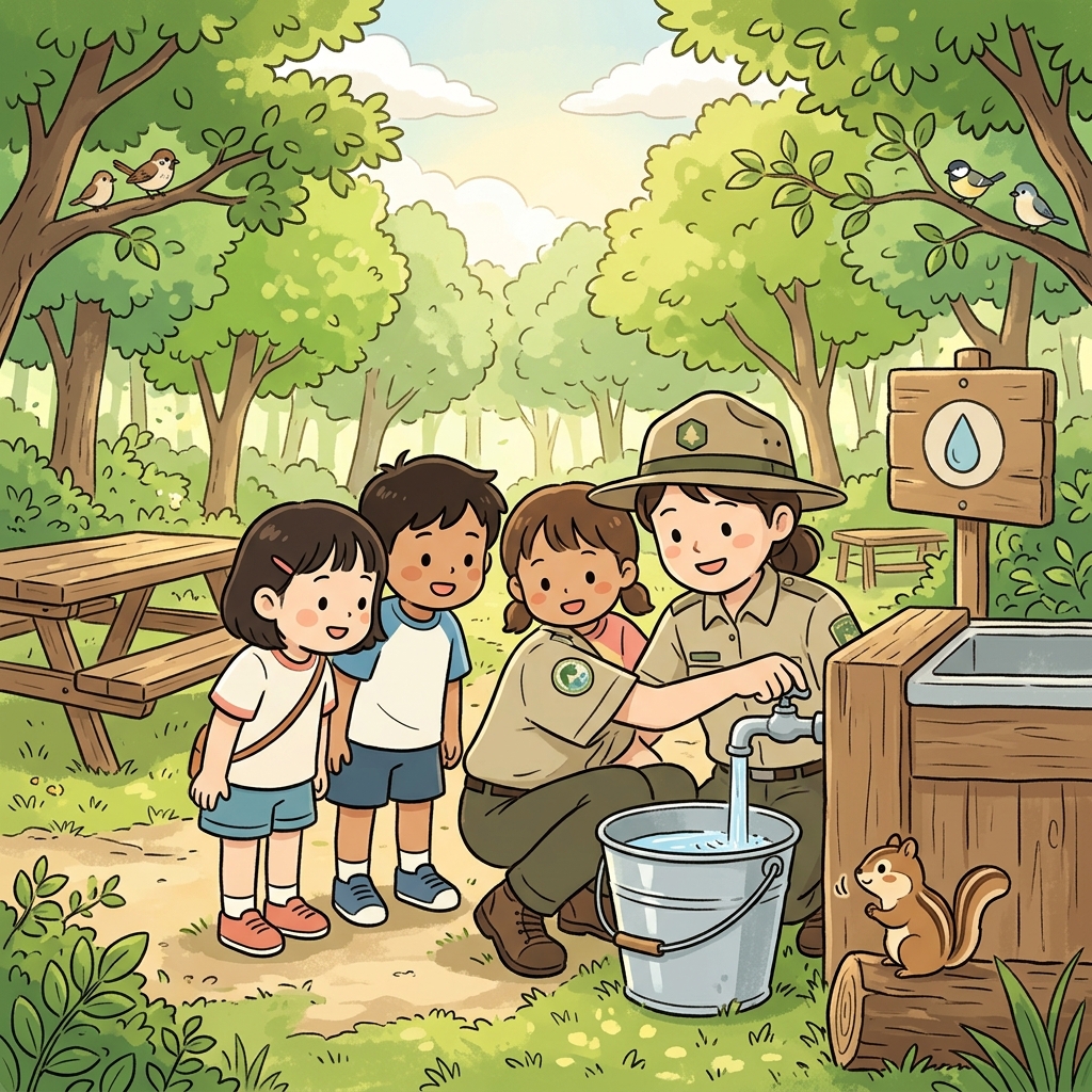 The forest ranger teaches kids to conserve water by turning off the tap.