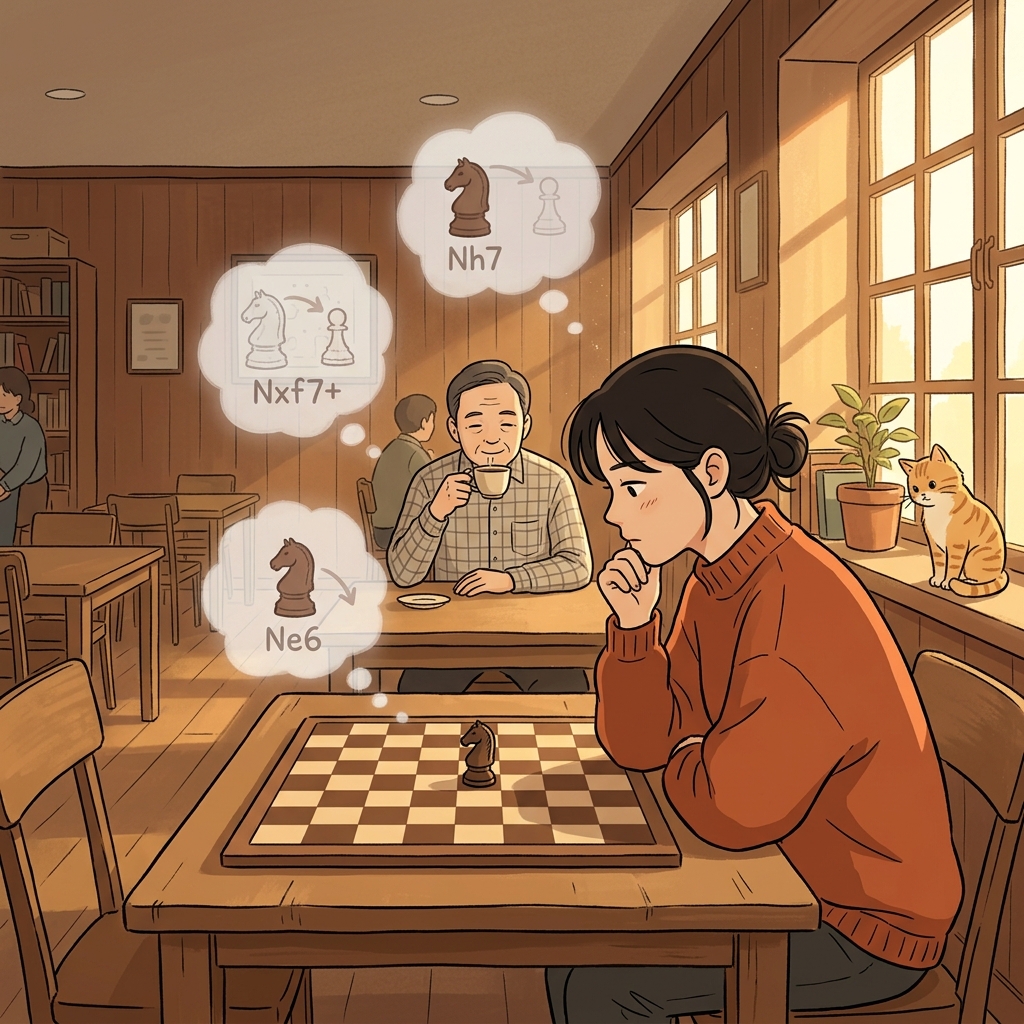 She paused to consider her next move on the chessboard.