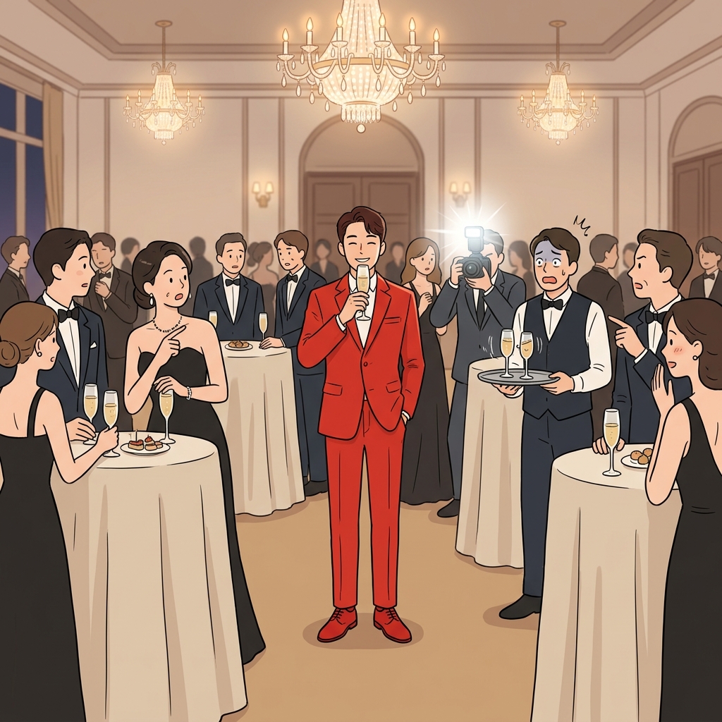 He stood conspicuously in a bright red suit at the black-tie gala.