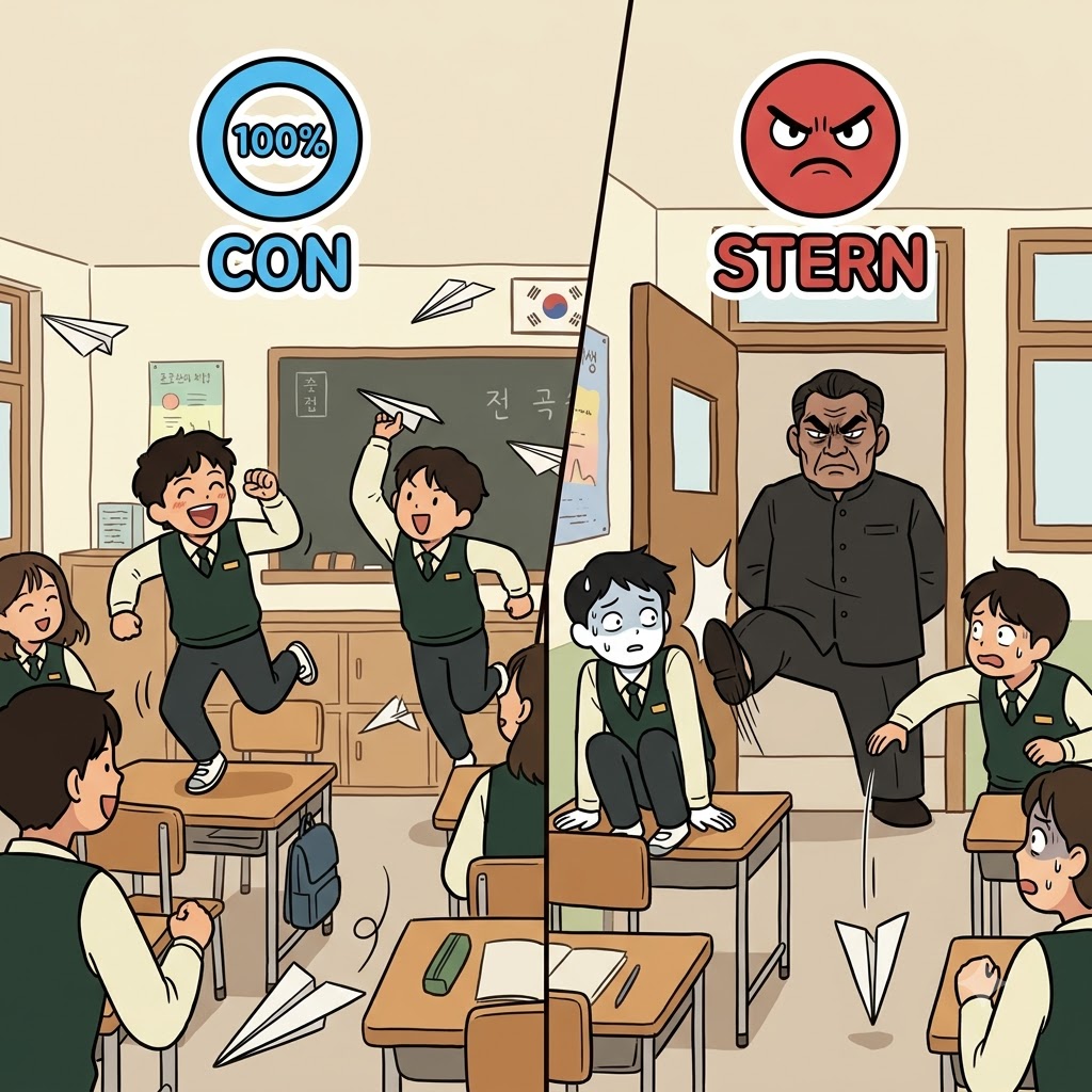 CON(완전히) + STERN(엄격한) — 교장 선생님의 완전히(CON) 엄격하고(STERN) 화난 얼굴을 보자, 시끄럽던 학생들은 갑작스러운 경악(consternation) 속에 얼어붙었다.