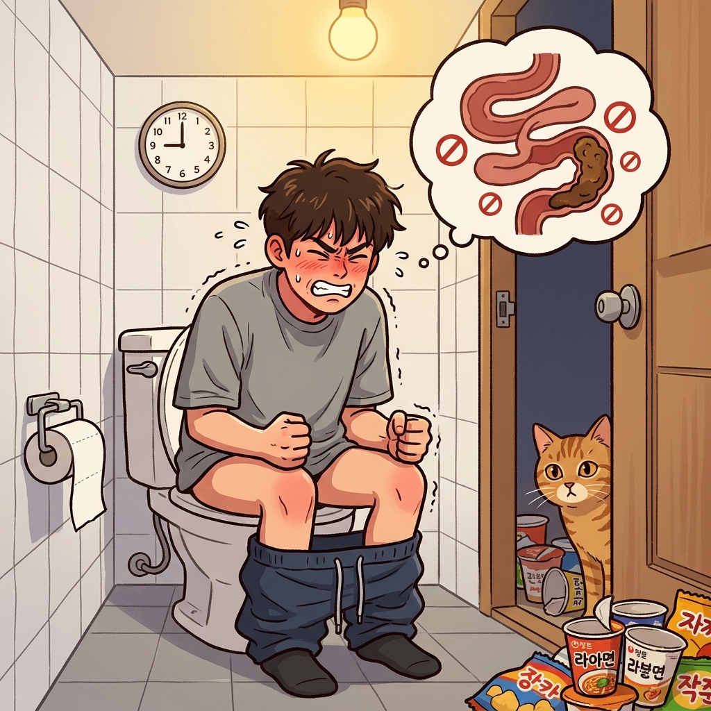 며칠 동안 인스턴트만 먹더니 결국 변비로 변기에서 끙끙대고 있다.