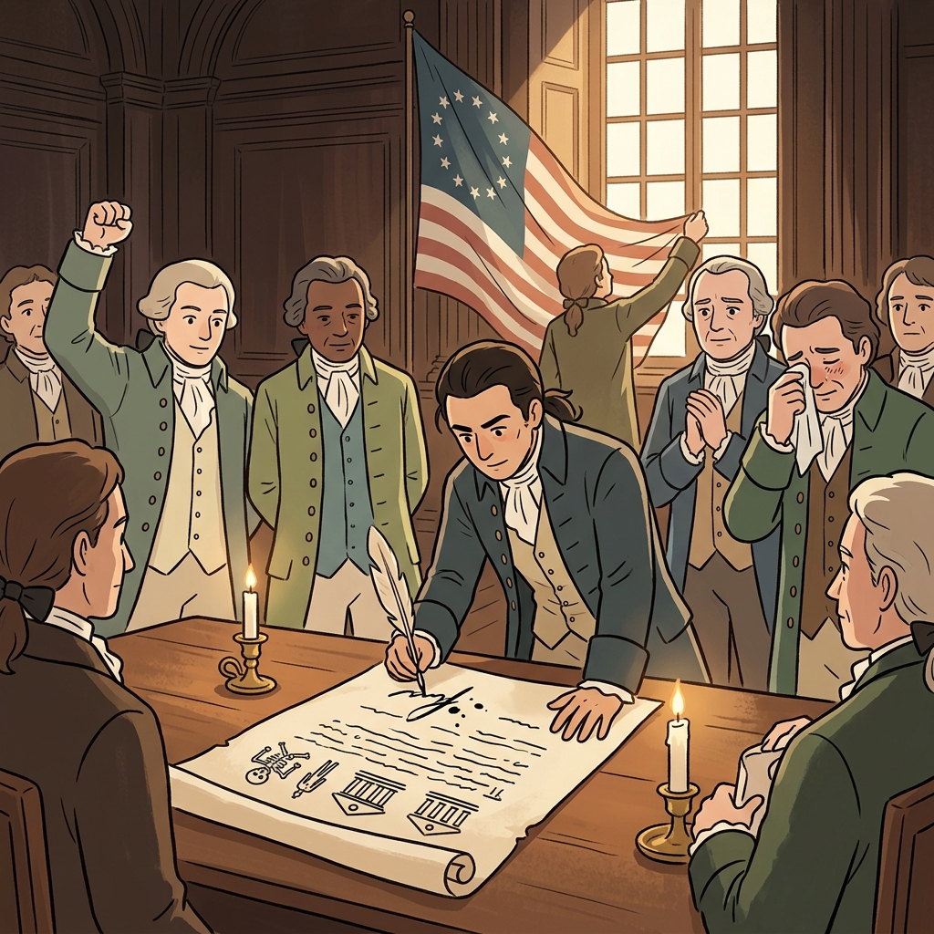 The founders sign the constitution, setting the rules for a new nation.