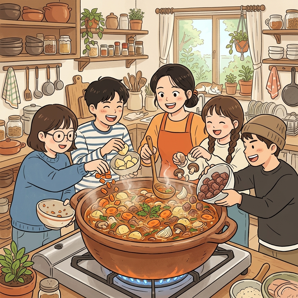 각 재료는 든든한 스튜를 이루는 구성 요소였다. ("큰 스튜!" → 여러 재료가 하나를 이루는 구성 요소이다)