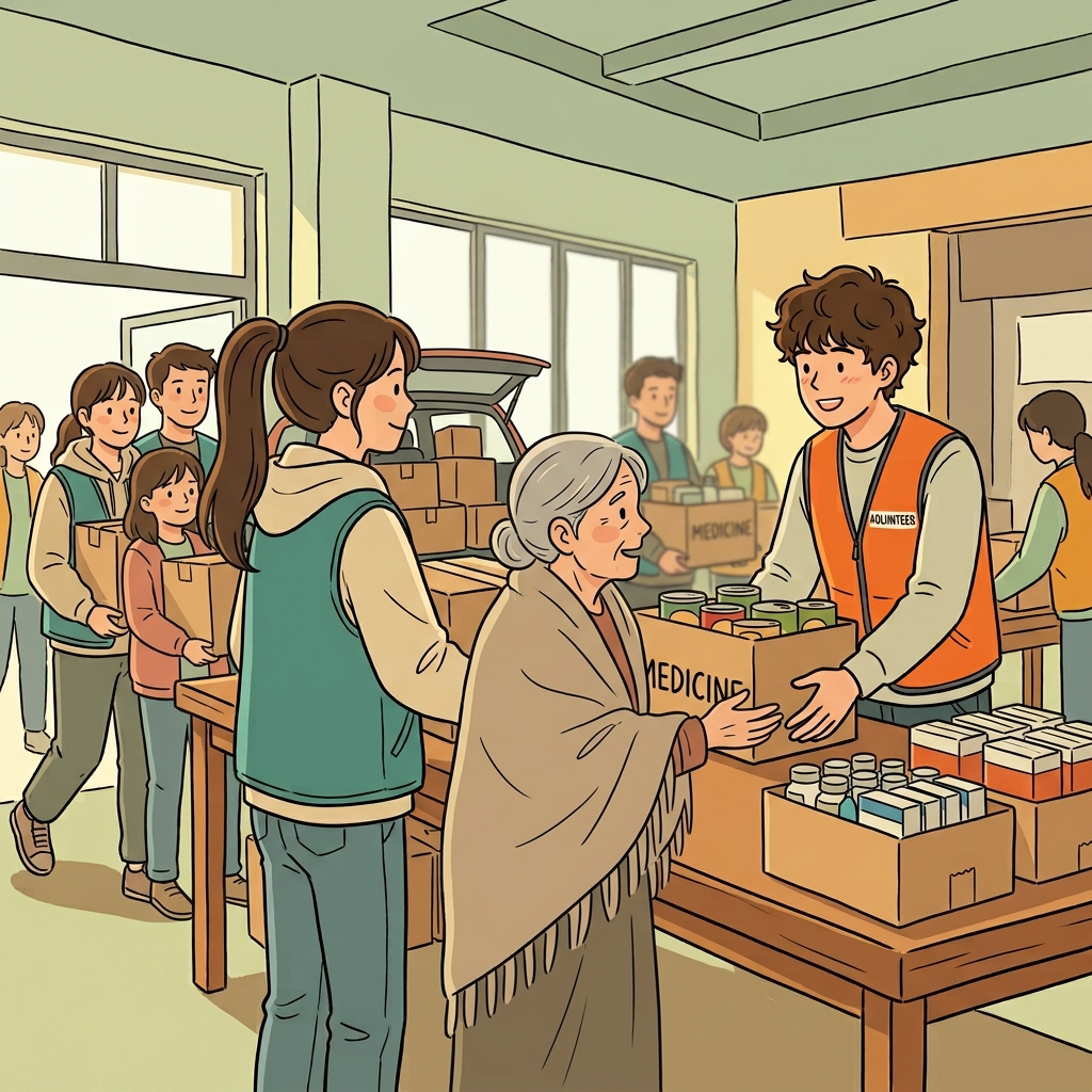 각 자원봉사자는 조직을 이루는 구성적인 역할을 하고, 기여하며, 구호품 배분 작업을 도왔다.
