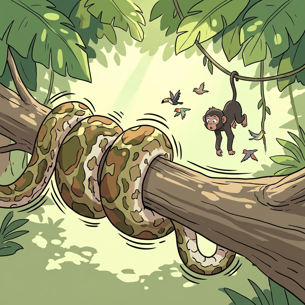 The python's coils constrict around the branch until it bends downward.