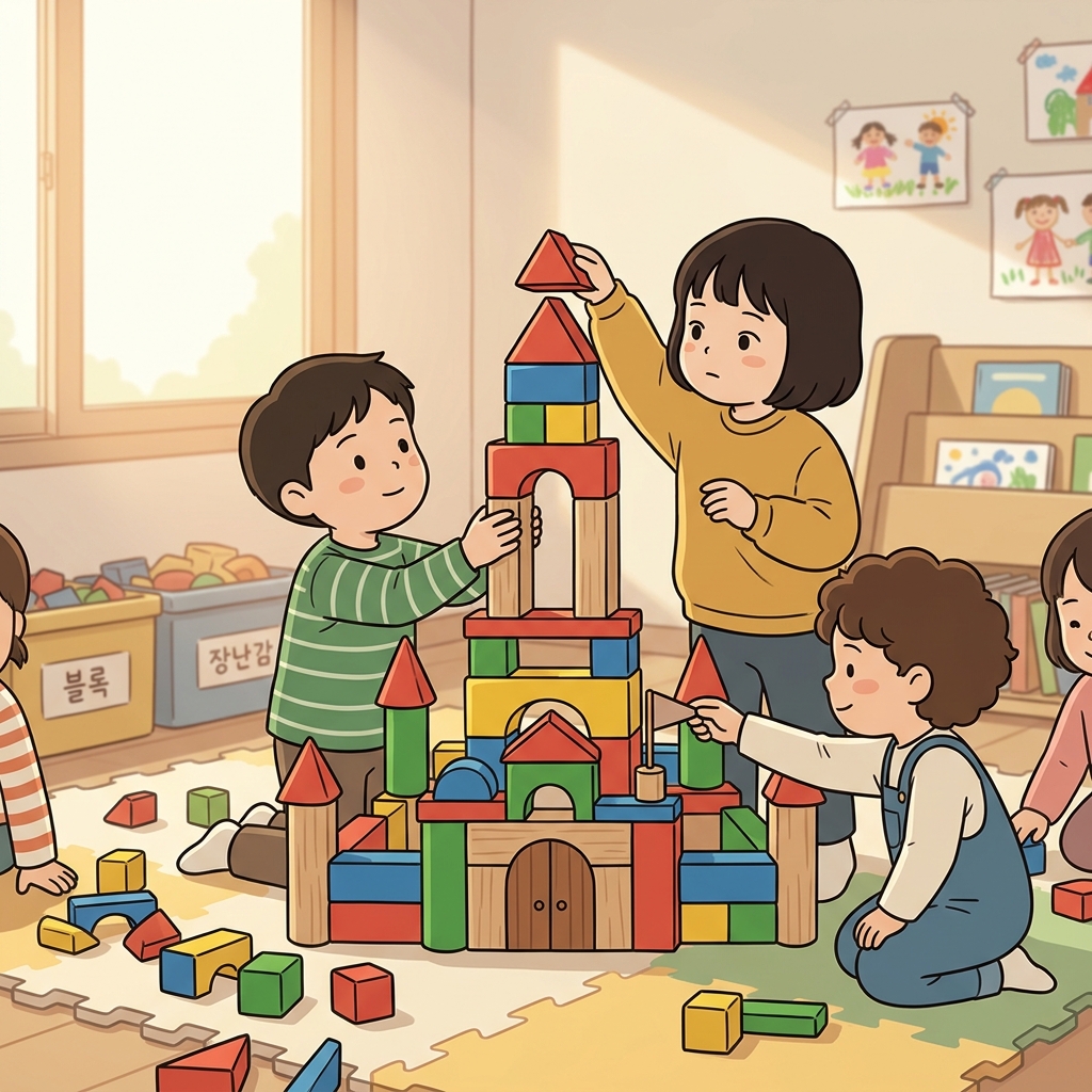 아이들은 블록을 하나씩 쌓으며 점점 더 높은 성을 완성했다. ("콘(Concrete) + 스트럭(Structure)!")