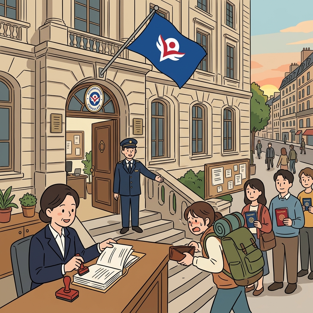 A traveler rushes into the consulate after losing her passport abroad.
