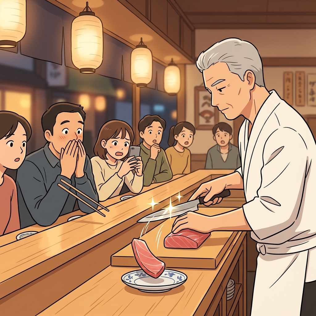 The veteran sushi chef is a consummate artist, slicing each piece with flawless precision.
