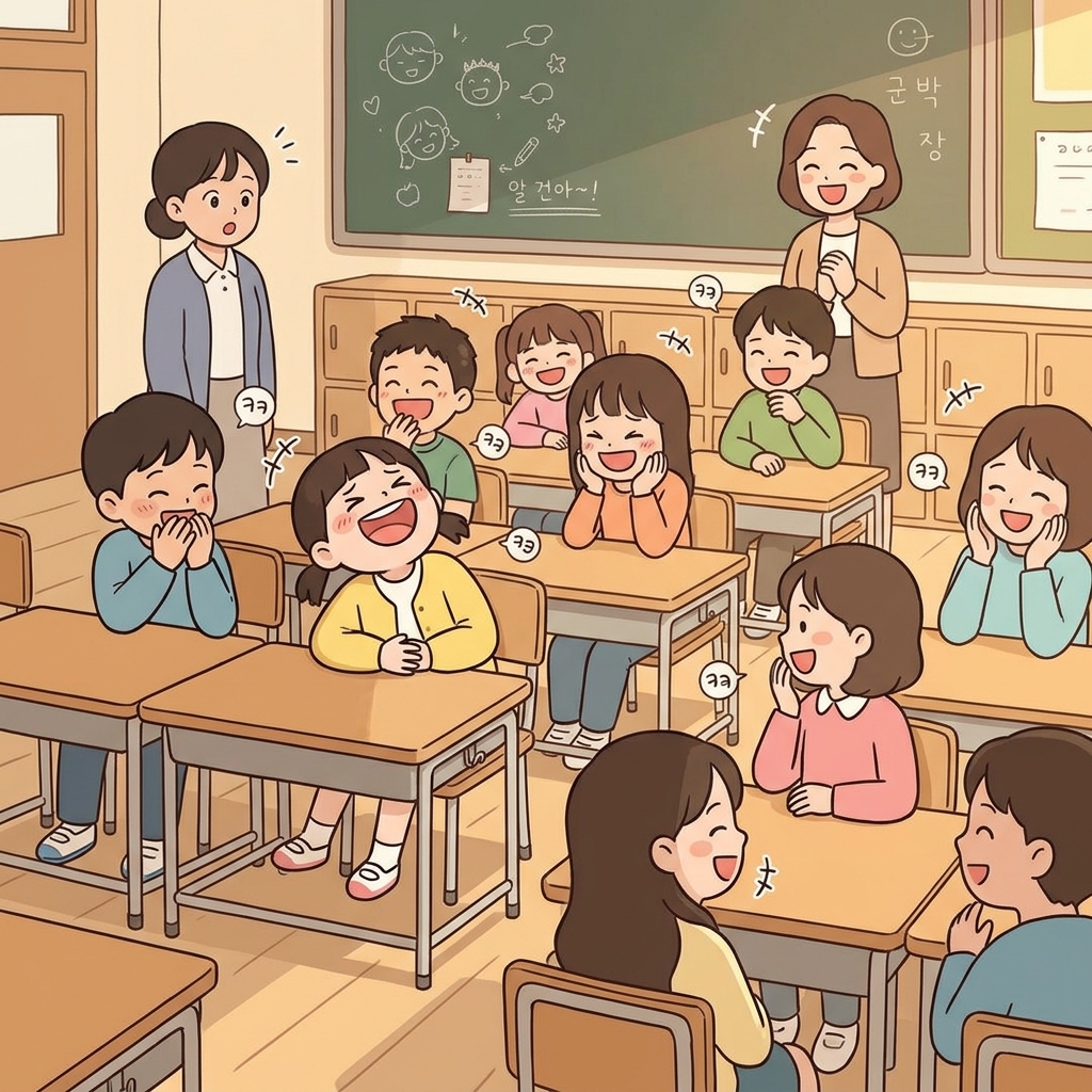 One kid's laughter turns contagious, and the whole classroom bursts out giggling.
