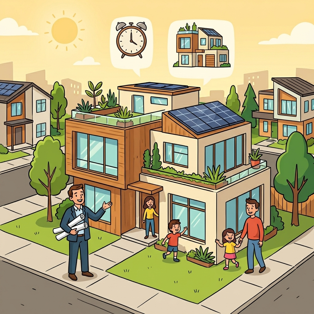 The architect designed a contemporary home for today's families. (TEMPORARY → CONTEMPORARY → contemporary belongs to our time)