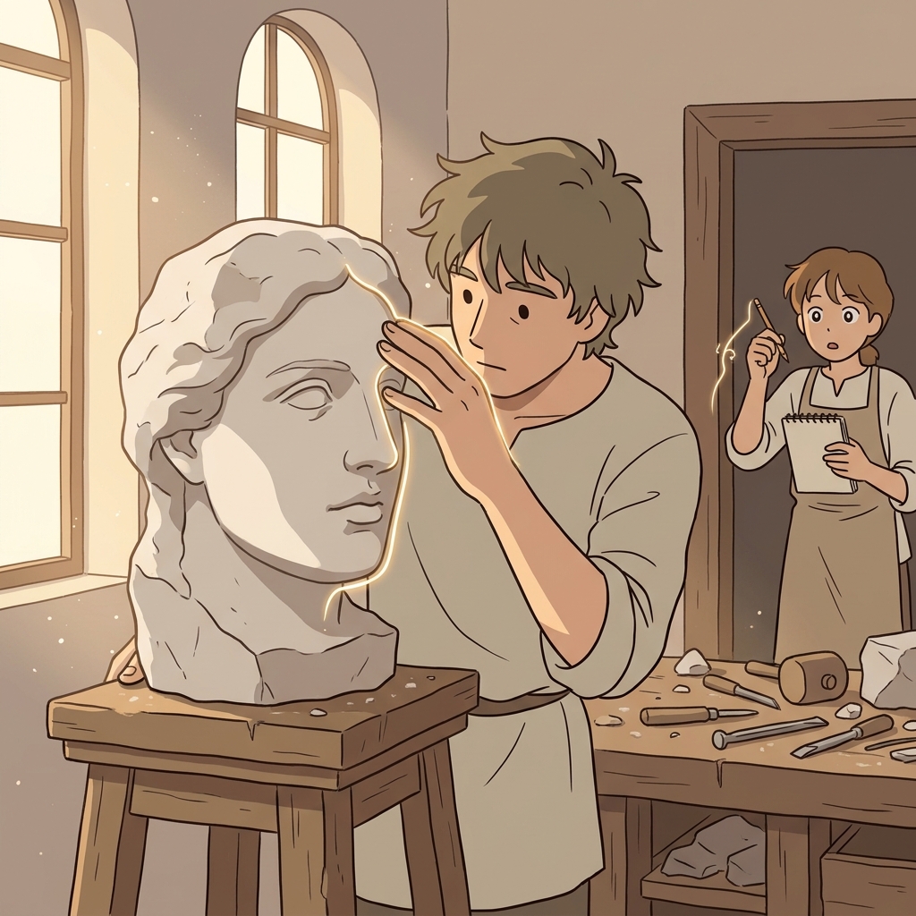 The sculptor traces the contour of the marble face with careful fingers.