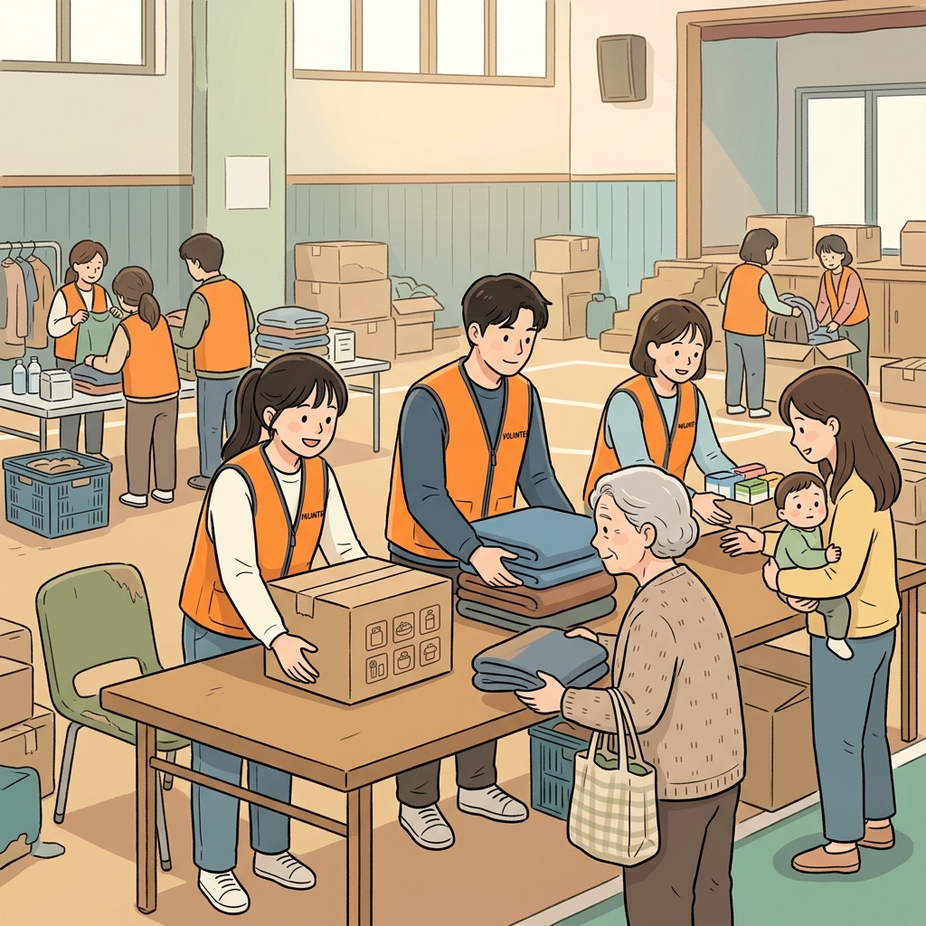 자원봉사자들의 음식과 담요 기부는 홍수 피해 가족들에게 큰 도움이 되었다.