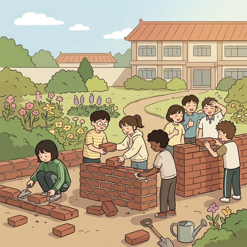 학생 한 사람 한 사람의 벽돌 한 장 기여가 학교 정원 담장을 완성하는 데 도움이 되었다. ("콘크리트(concrete)에 투(to)!")