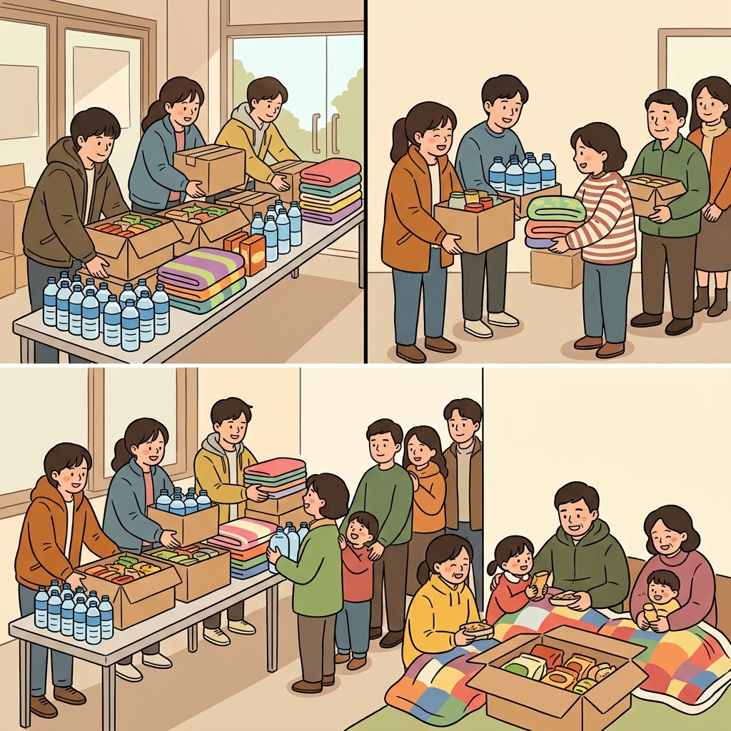 자원봉사자들의 기여 덕분에 구호 물품을 나눌 수 있었고, 모두가 그 도움을 받았다.