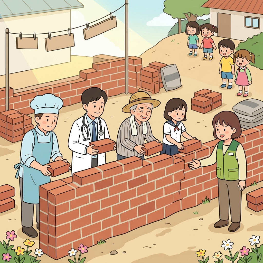 기부자들이 한 명씩 벽돌을 쌓아 학교 벽을 완성했다.