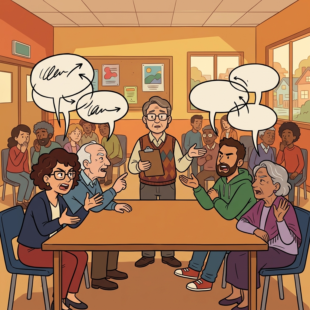 Contrary voices filled the meeting as people argued about the new rule. (CONTROVERSY → CONTRARY VOICES → controversy happens when voices strongly oppose each other)