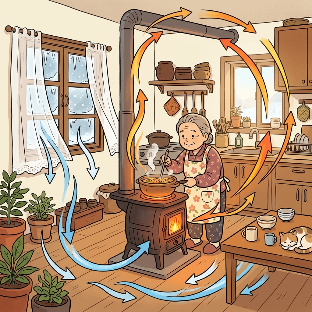 Hot air rises and cool air falls — that's convection heating the whole kitchen.