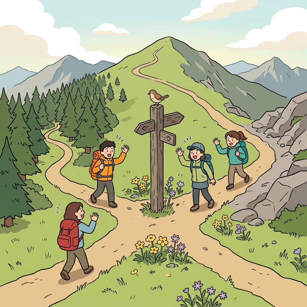 Three mountain trails converge at a single wooden signpost near the summit.