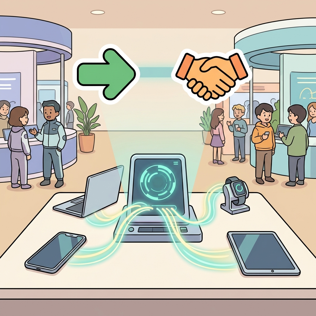 Different technologies converged into one smart device. (➡️ Come Together + 🤝 Merge → Converge)