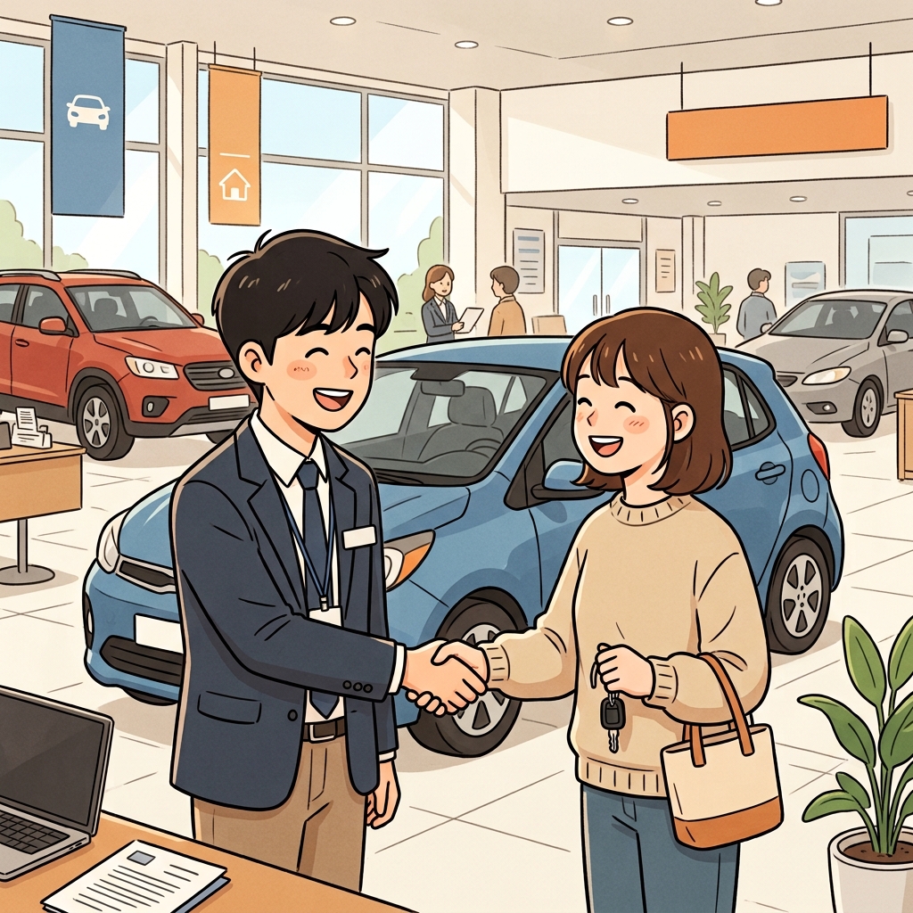 판매원은 손님을 설득해 새 차를 구입하게 했다. (Come + Win. → 다가가 결국 마음을 Win한다.)