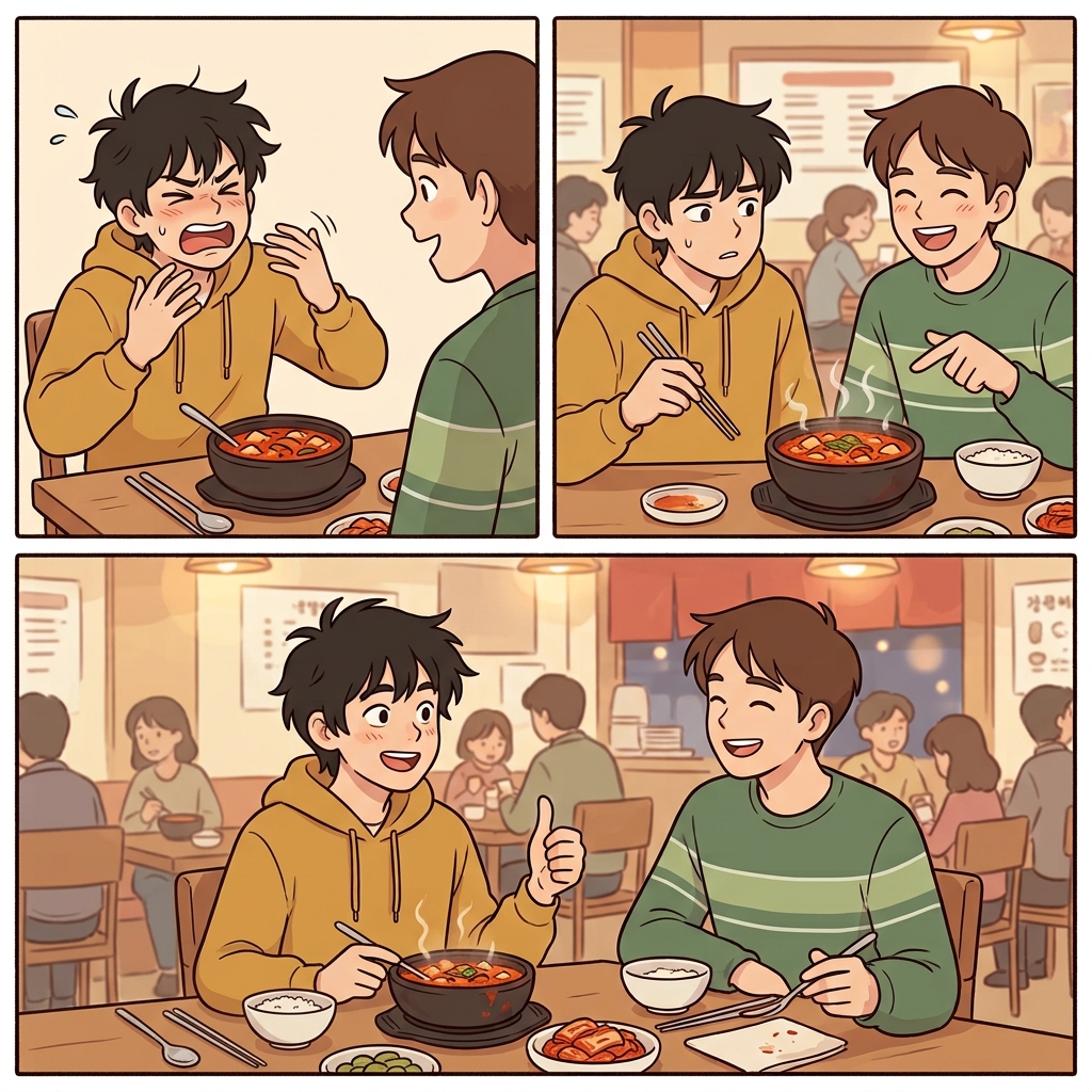 그는 매운 소스를 맛보고 얼굴을 찡그렸지만, 곧 설득되어 다시 한입 먹어 보았다.