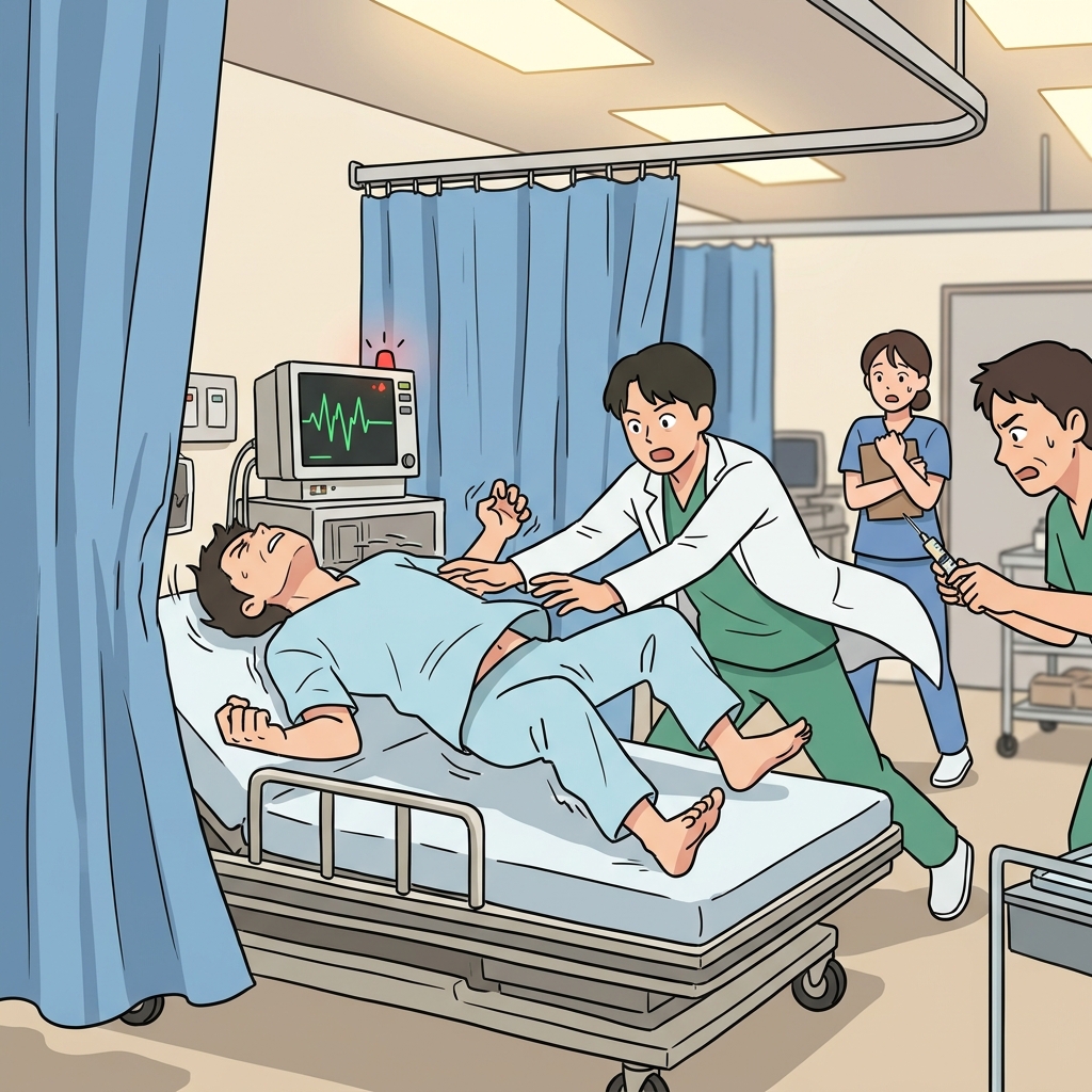 환자가 갑자기 격렬하게 경련을 일으키자 의료진이 달려들었다.