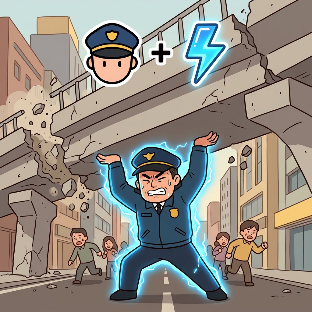 COP(police) + E(energy) — to cope with a crisis, a police officer uses explosive energy to lift a collapsing bridge.
