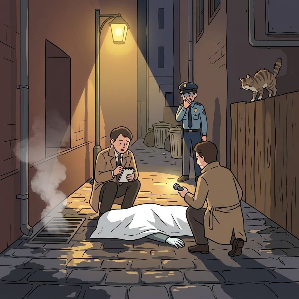 Detectives examine a corpse discovered in the moonlit alley behind the theater.