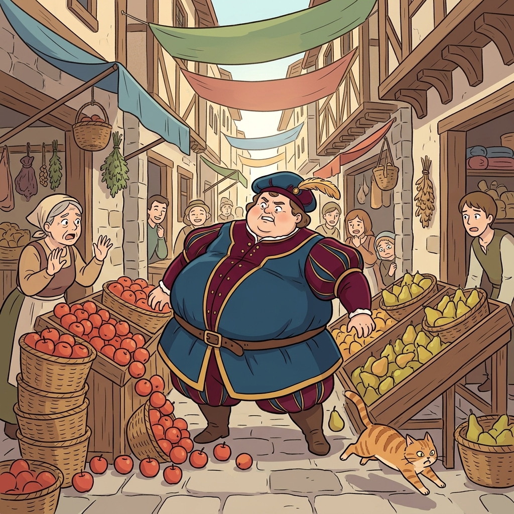 The corpulent merchant squeezed through the narrow alley, knocking over fruit stalls.