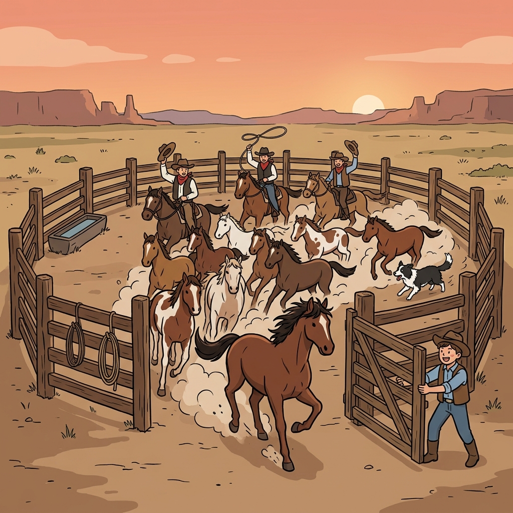 Cowboys corral the wild horses into a wooden pen at sunset.