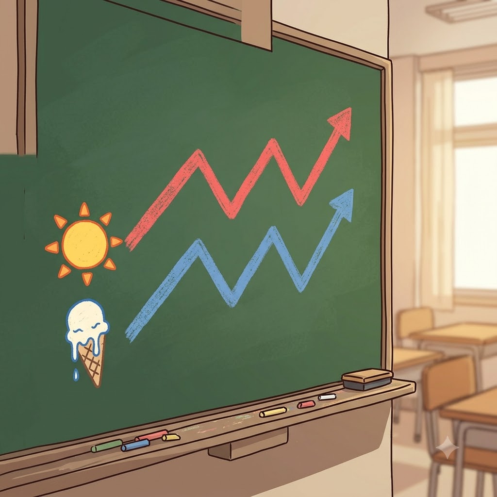 차트에서 뜨거운 온도와 녹아내리는 아이스크림은 서로 밀접하게 상관되어 있었다(correlated).