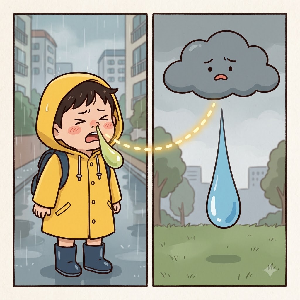 비가 올 때마다 콧물을 흘렸다. 그의 감기와 날씨는 서로 상관되어 있었다(correlated). (correlated → 코(cor) 흘릴(rel) 때(lated))
