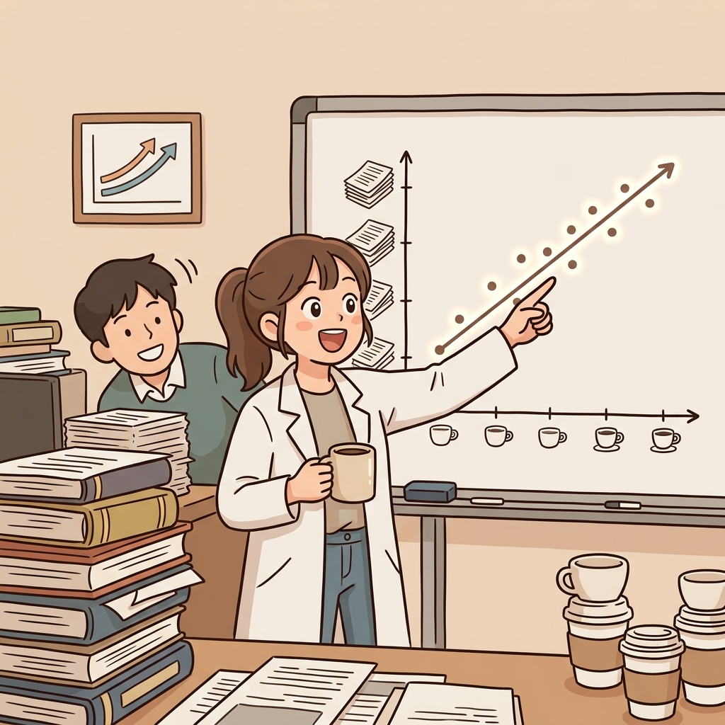 The scientist sees a clear correlation between coffee intake and productivity spikes.