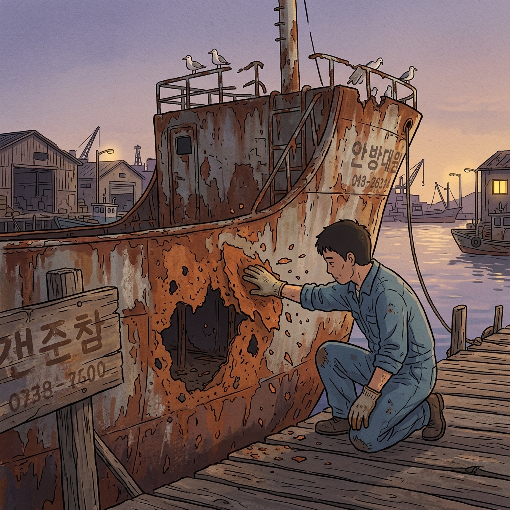 Years of sea air caused heavy corrosion on the old ship's iron hull.