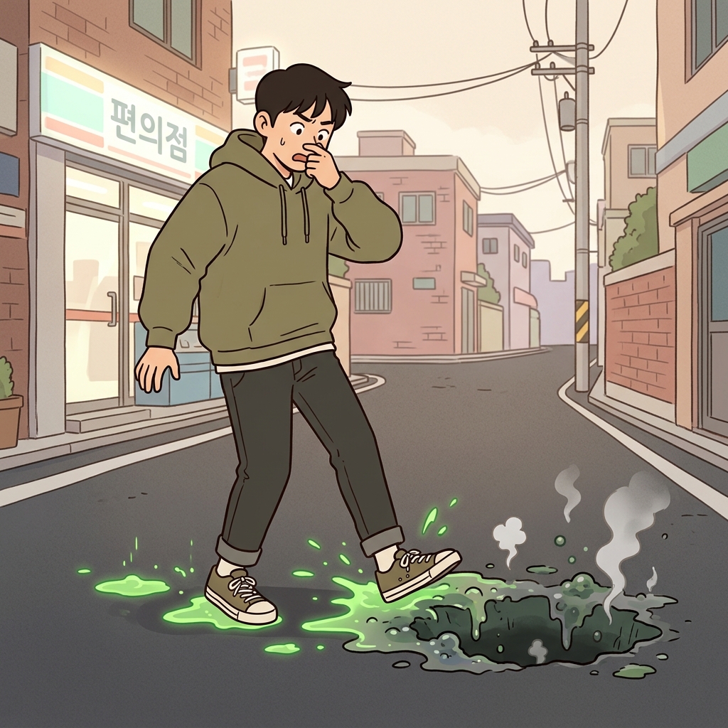 산성비가 내린 뒤, 그의 코(co) 앞의 로드(road)는 심하게 부식된(corrosion) 상태가 되었다.