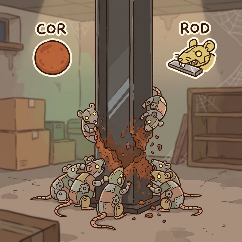 COR(completely) + ROD(gnaw) + ION(result) — the steel pillar showed heavy corrosion after the metal-eating rats finished gnawing it.