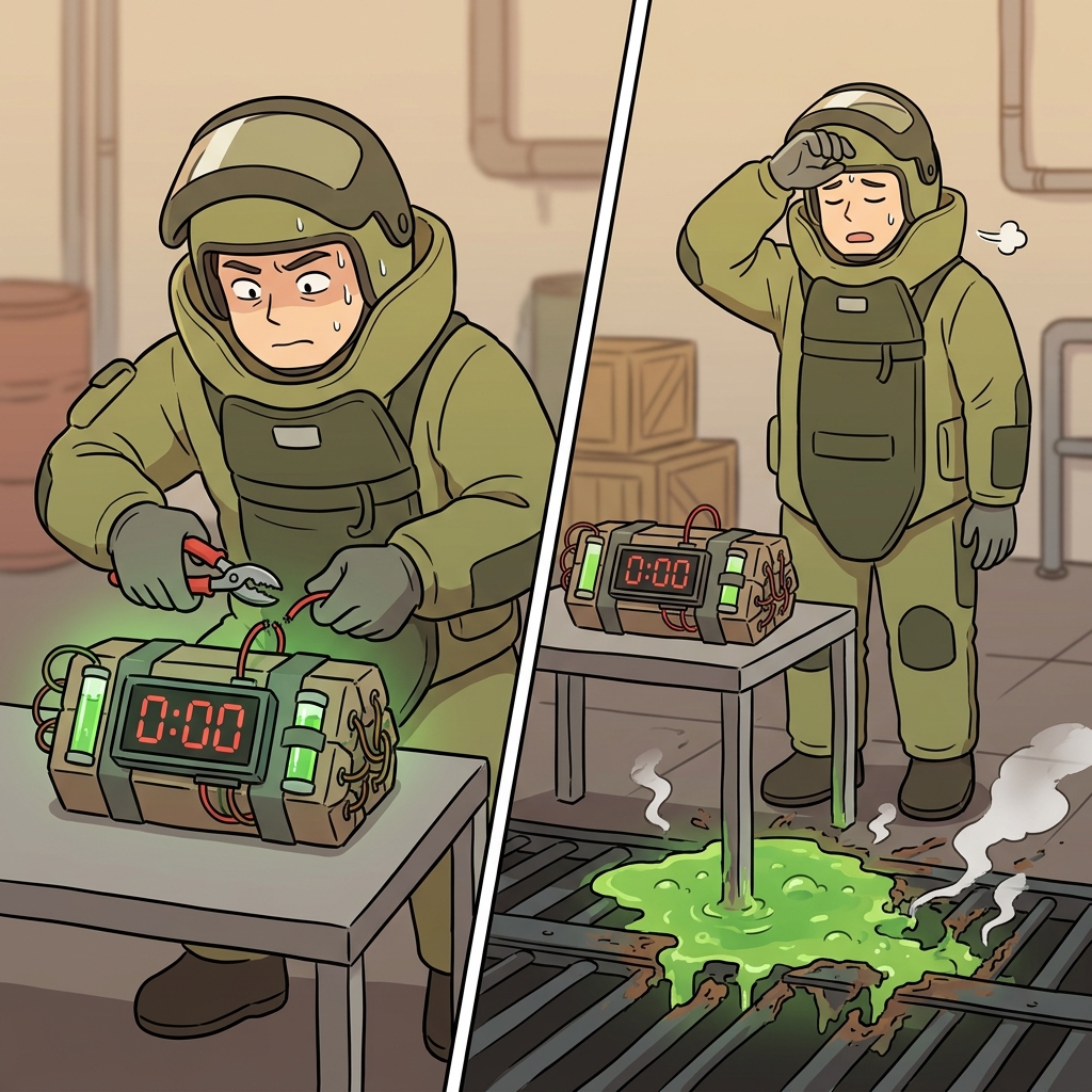 The bomb never exploded, but the leaking acid caused severe corrosion in the steel floor.