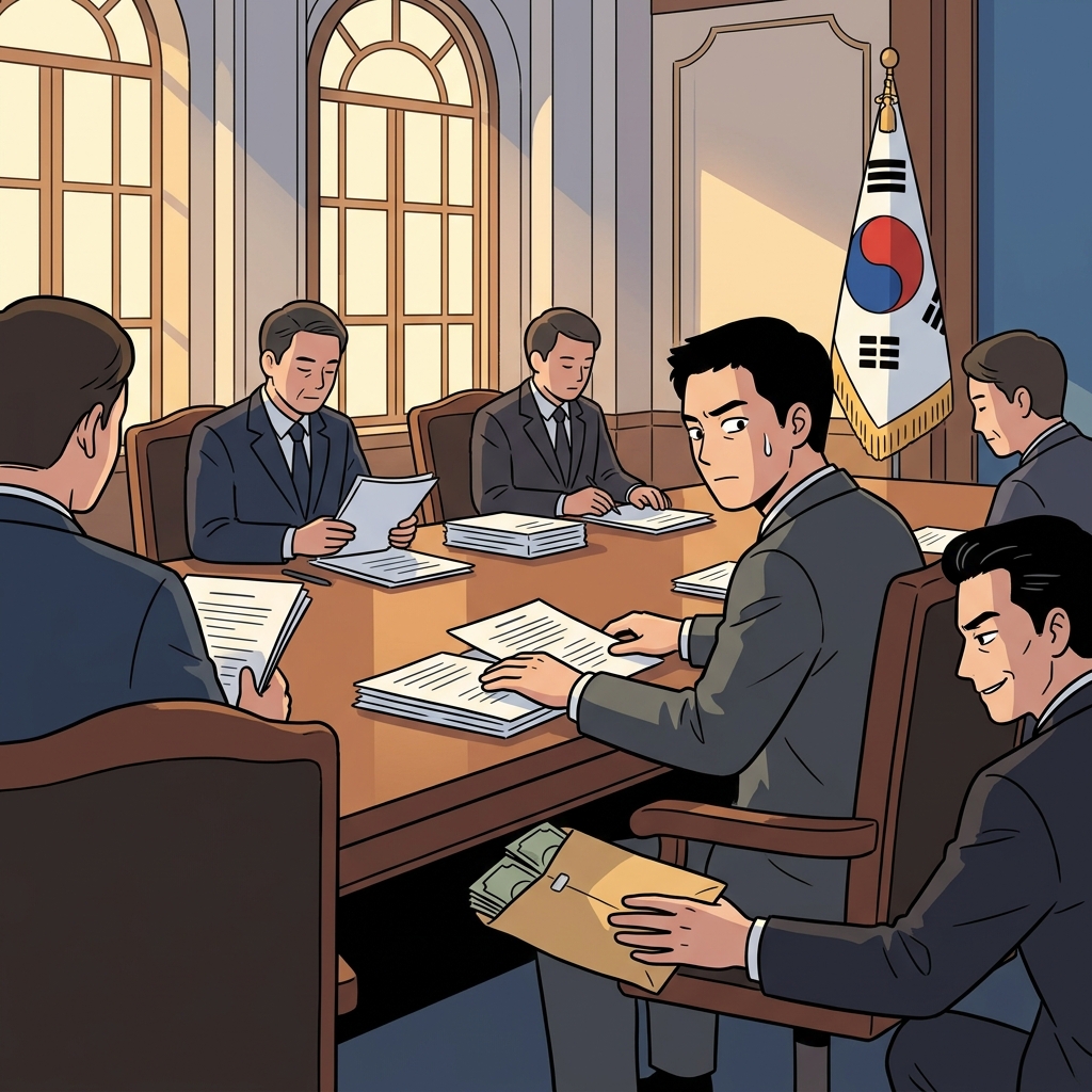 The corrupt official secretly pockets a bribe under the table during the meeting.