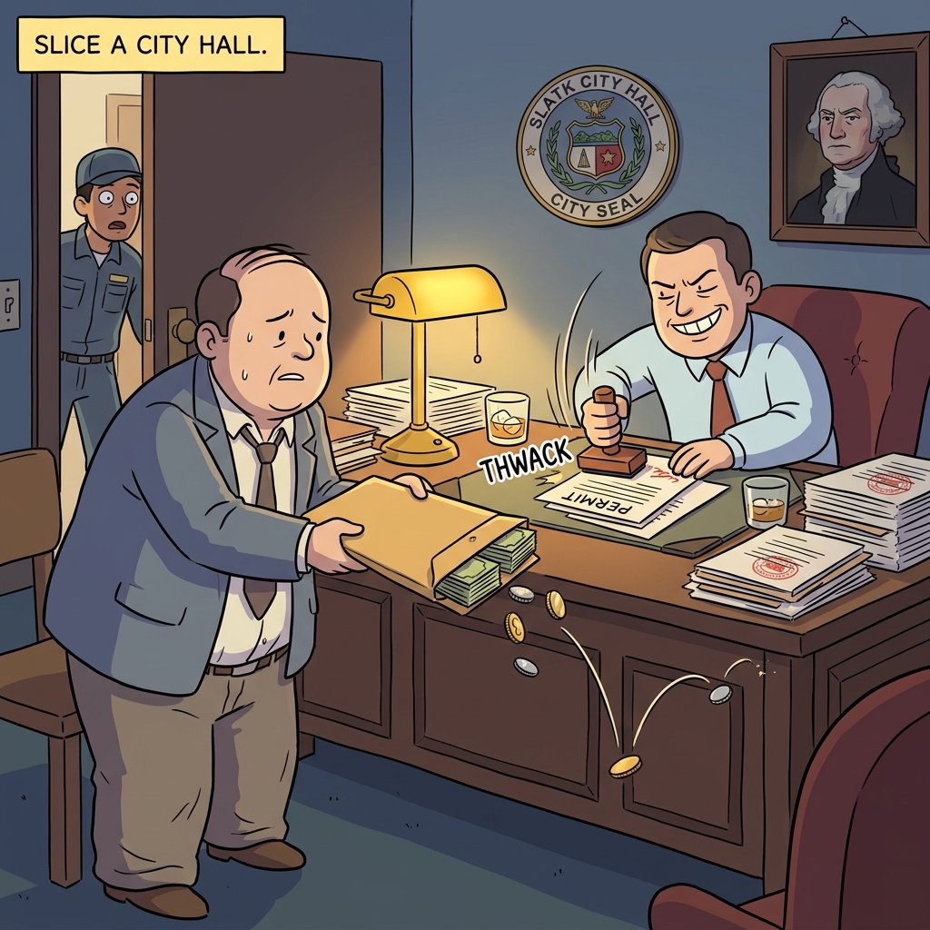 The official pockets a fat envelope of cash, fueling corruption in the city hall.