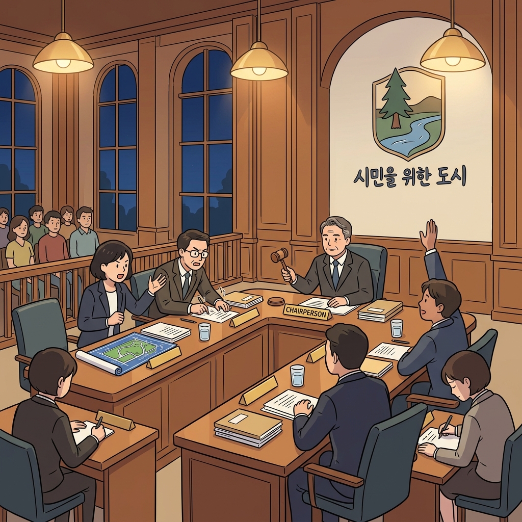 The town council debates the new park proposal late into the night.