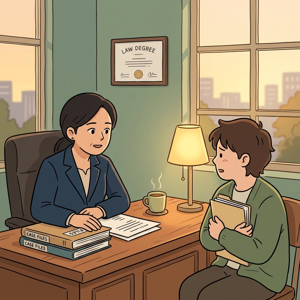 The lawyer offers careful counsel to her worried client before the trial.
