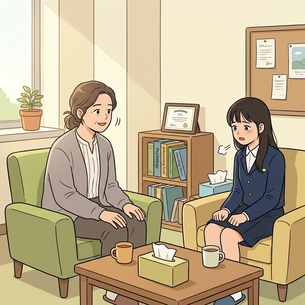 상담사가 학생의 고민을 가만히 들어준다.