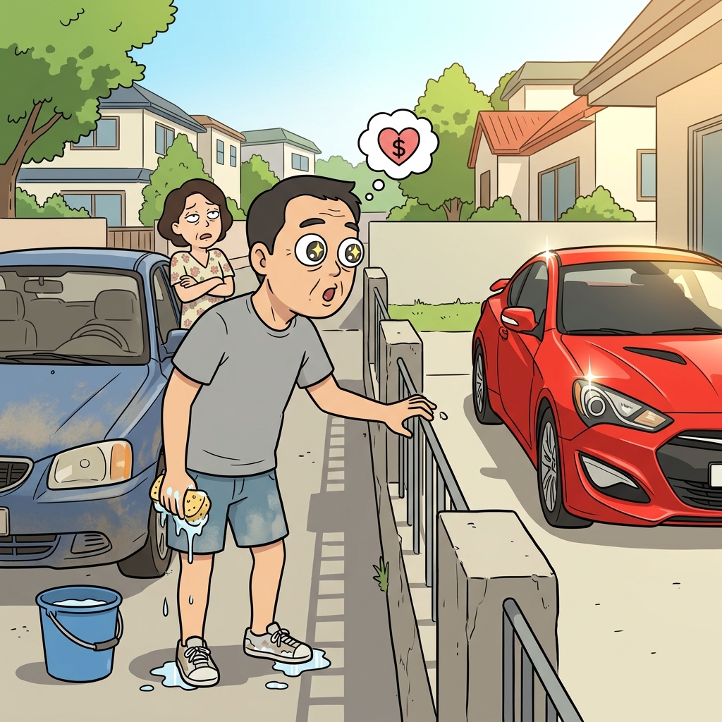 옆집 새 스포츠카를 보고 눈을 못 뗀다.