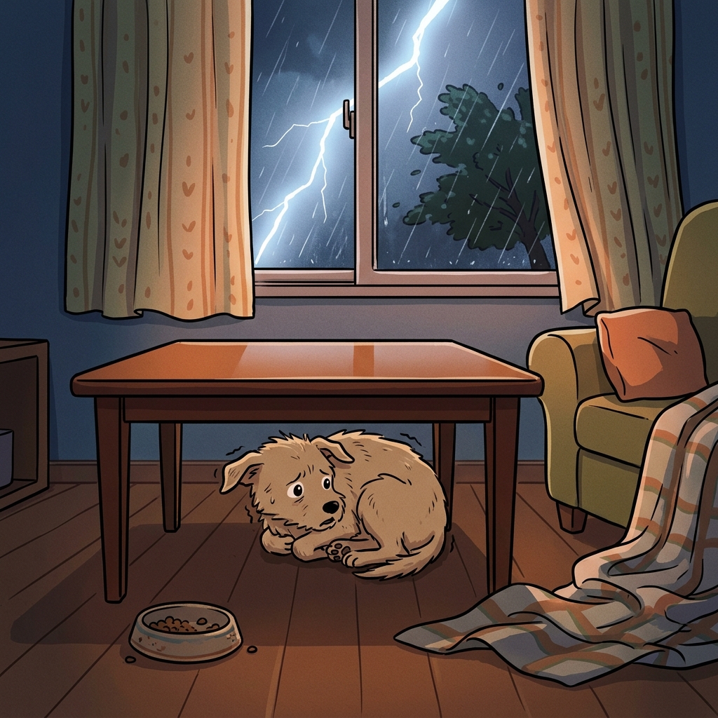 The stray dog cowers under the table during the loud thunderstorm.