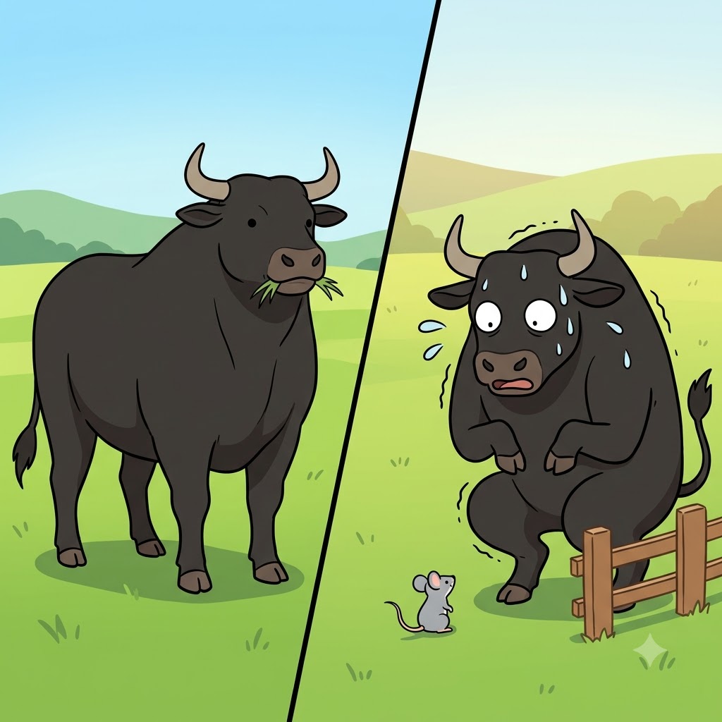 "소(cow)가 어(er)?! 하고 놀라다니!" 아주 작은 쥐를 본 거대한 소는 "어?!" 하고 소리치며 울타리 뒤에서 두려워 웅크리기(cower) 시작했다.