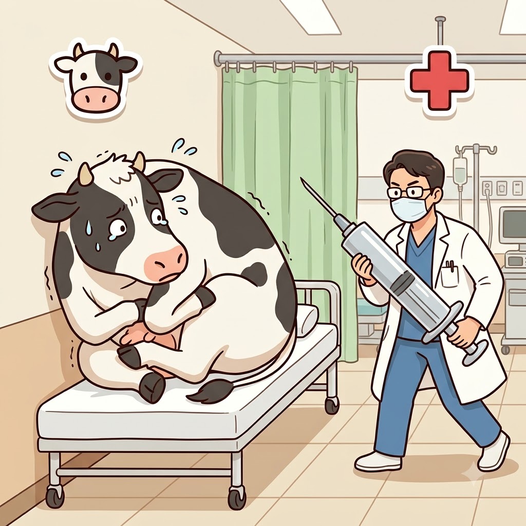 COW(cow) + ER(emergency room) — seeing the giant needle in the ER, the sick COW began to violently cower on the hospital bed.